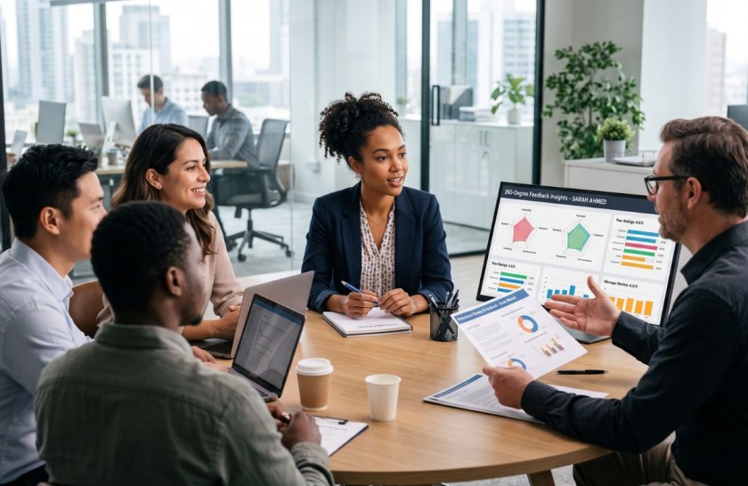 Diverse business team reviewing performance feedback metrics during an office meeting.