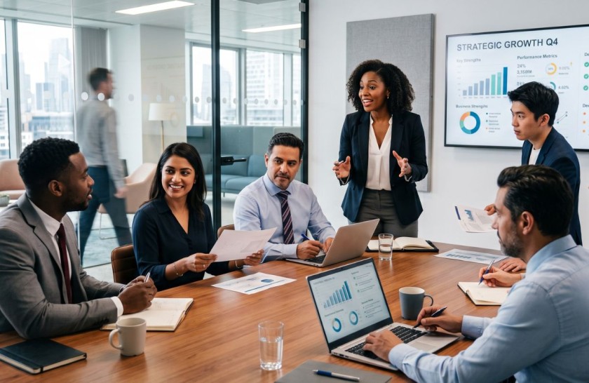 Businesswoman presenting a Q4 strategy to her team