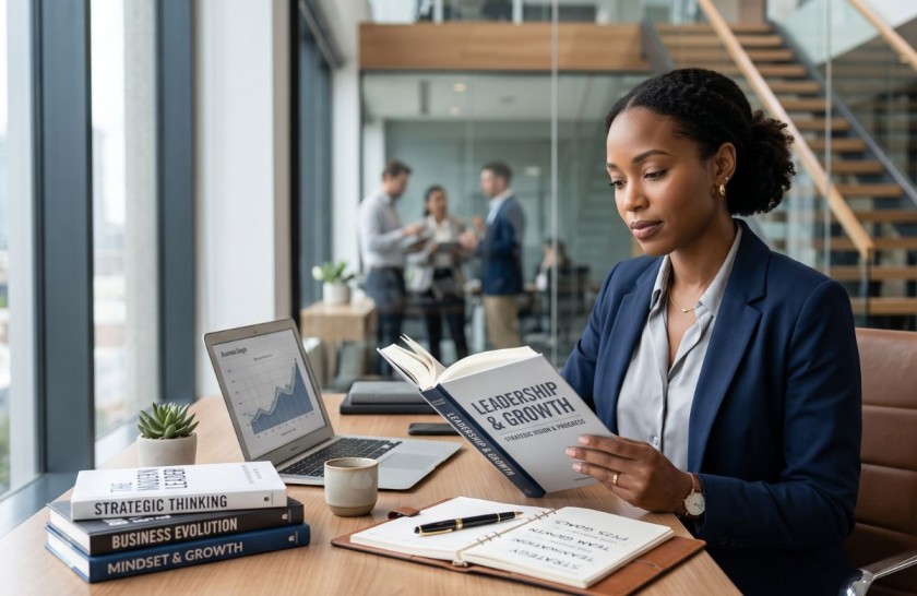 A businesswoman reading a leadership book at a modern office desk.