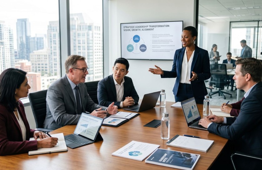 Female executive presenting a strategic plan to a corporate team in a boardroom.