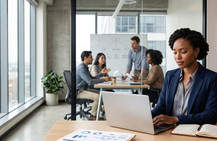 A businesswoman works on a laptop with colleagues meeting in the background.