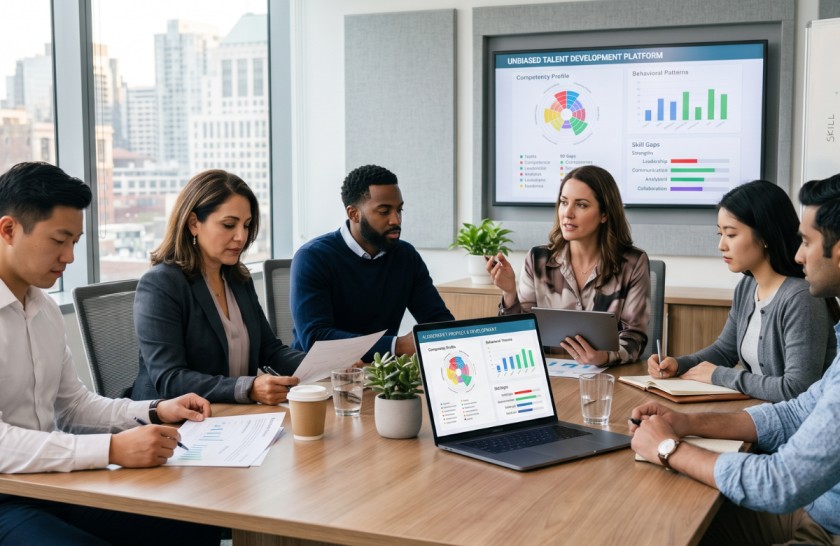 Diverse business team reviewing a talent development dashboard in a modern office.