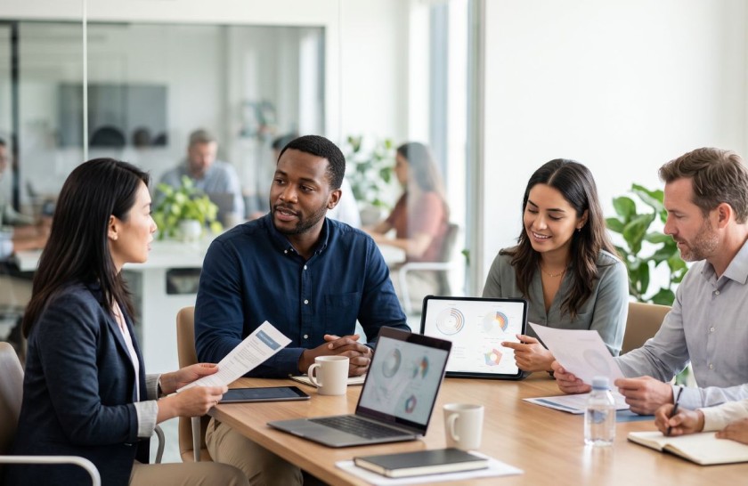 Diverse team reviewing 360-degree performance feedback reports in a modern corporate office.