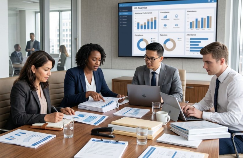 Four professionals reviewing reports at a conference table with an HR analytics dashboard in the background.