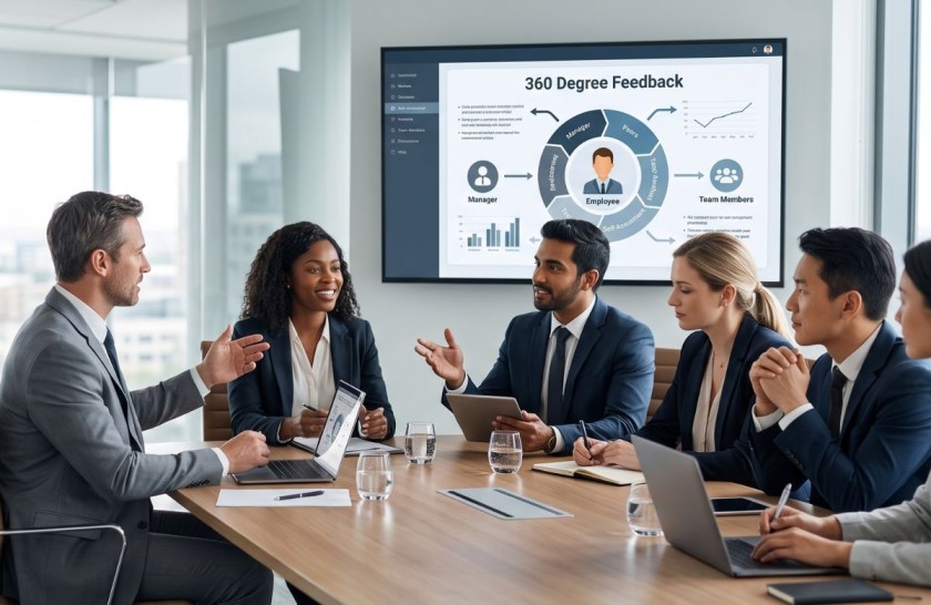 Diverse corporate team holding a performance review meeting with a 360-degree feedback screen.