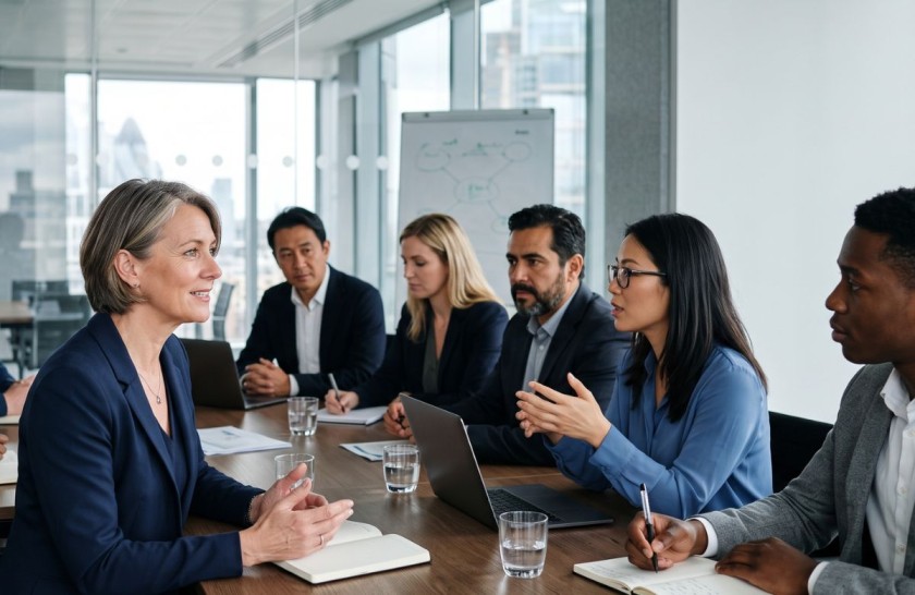 A diverse business team having a collaborative strategy meeting in a modern office.