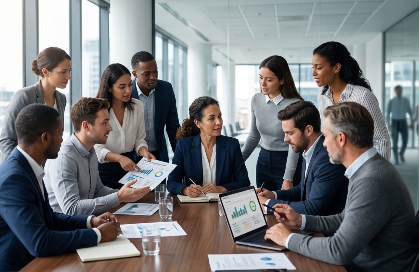 A diverse corporate team collaborates on data around a conference table.