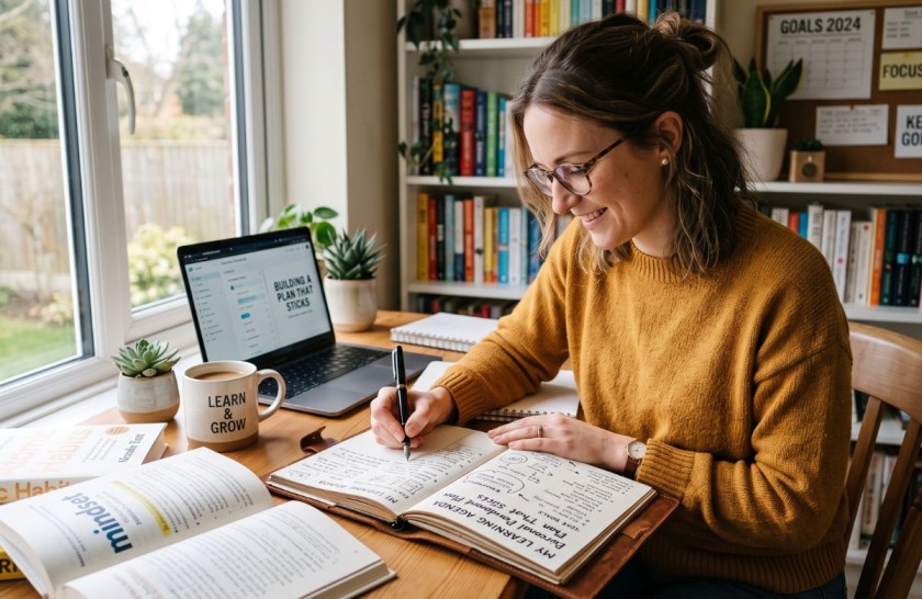 Woman writing a personal development plan at a sunlit desk.