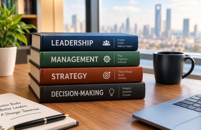Stack of business and leadership books on a desk by an office window.