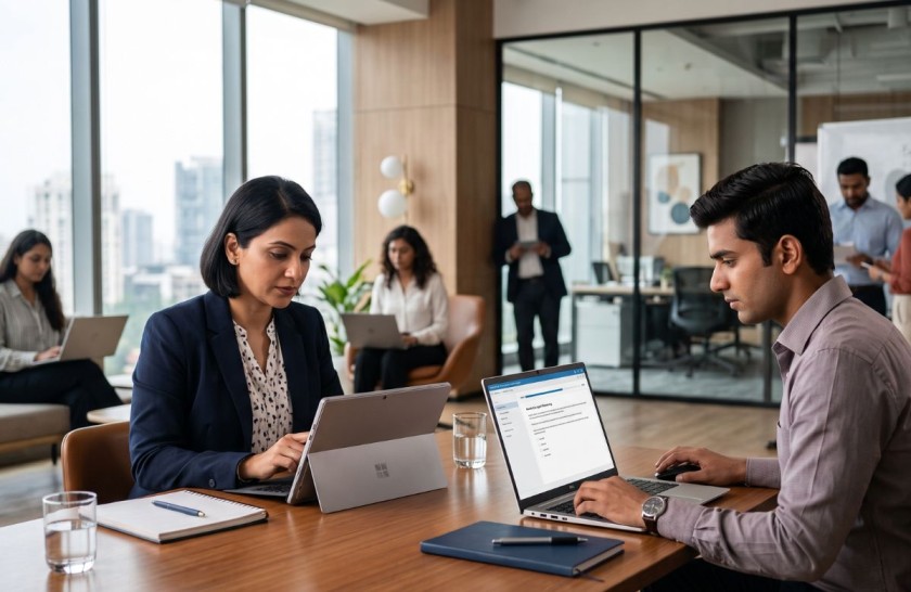 Corporate team working on laptops in an office